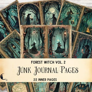 Páginas imprimibles de diario basura de brujas del bosque oscuro, efímeras de Halloween, papel digital del bosque encantado, bruja verde mística, bruja Art Nouveau