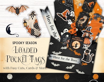 Spooky Season Loaded Pocket Tag, Printable Junk Journal Ephemera, Whimsical Halloween Fussy Cuts for Scrapbooking, DIY Paper Embellishments