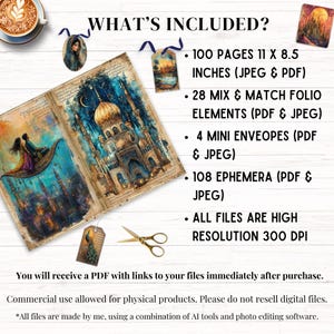 May include: A digital junk journal kit featuring an open book with a golden palace illustration, 100 pages at 11 x 8.5 inches, 28 folio elements, 4 mini envelopes, and 108 ephemera pieces. All files are high resolution 300 DPI in JPEG and PDF formats.