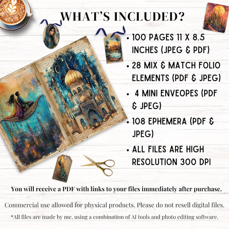 May include: A digital junk journal kit featuring an open book with a golden palace illustration, 100 pages at 11 x 8.5 inches, 28 folio elements, 4 mini envelopes, and 108 ephemera pieces. All files are high resolution 300 DPI in JPEG and PDF formats.