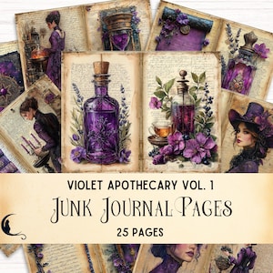 Kit de diário de lixo de boticário roxo, vintage gótico botânico efêmero erval bruxa imprimível scrapbook papel bruxaria poção mágica colagem