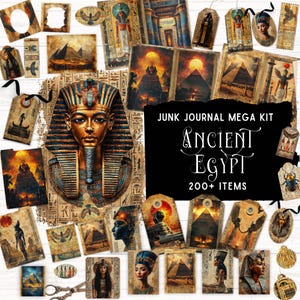 Puede incluir: Un kit de junk journal con más de 200 artículos de temática del Antiguo Egipto, incluyendo etiquetas, tarjetas y papeles con faraones, pirámides, jeroglíficos y deidades en tonos oro, azul y naranja con el texto Junk Journal Mega Kit Ancient Egypt 200+ Items.