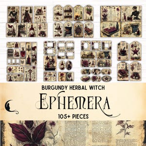 Kit di effimeri per diario di streghe di erbe, farmacia vintage stampabile, effimeri stampabili, kit di scrapbooking botanico bordeaux, strega verde