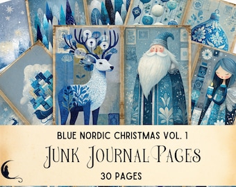 Blue Nordic Christmas Junk Journal Kit, Scandinavian Folk Art Scrapbook Pages, Whimsical Winter Ephemera, Printable Holiday Craft Supplies