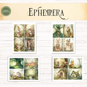 May include: A collection of digital ephemera featuring sixteen individual illustrations of woodland animals, including rabbits, hedgehogs, foxes, and squirrels in forest settings. The artwork displays soft, muted colors and detailed scenes of nature, trees, and small cottages.