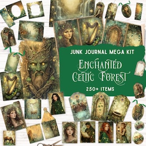 Kit de diario basura de bosque celta encantado, páginas de scrapbooking de fantasía, efímeras de bosque mágico para manualidades, bolsillo de hadas imprimible