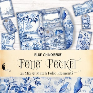 Kit folio pour journal indésirable bleu chinoiserie | Ephemera de poche imprimable | Créations artisanales en papier | Fournitures numériques pour scrapbooking Toile de Jouy | Fleurs