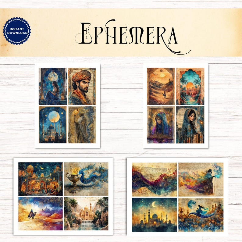 May include: A digital collection of ephemera featuring multiple rectangular art prints with scenes of desert landscapes, starry night skies, ornate architecture, and figures in traditional attire, all displayed on a white wooden background.
