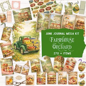 May include: A junk journal mega kit titled Farmhouse Orchard with 270 plus items featuring printed paper sheets, tags, and cards. The designs display illustrations of a green pickup truck filled with fruit crates, orchard scenes, and market stalls.