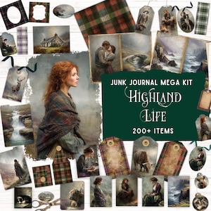 Scotland Junk Journal Kit, Scottish Highlands Scrapbooking Pages, Highlander Vintage Ephemera Seamless Tartan Plaid Unique Crafting Supplies