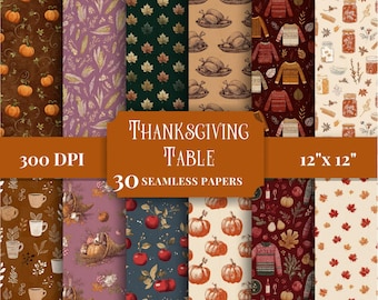 Könnte beinhalten: Eine Sammlung von 30 nahtlosen digitalen Papieren mit Thanksgiving-Motiven wie Kürbissen, Mais, Herbstblättern, gebratenen Truthähnen, Pullovern, Einmachgläsern, Kaffeetassen, Füllhörnern, Äpfeln und Birnen. Der Text lautet Thanksgiving Table 30 Seamless Papers.