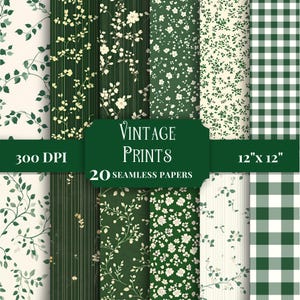 May include: A collection of 20 seamless digital papers featuring various green and cream patterns including floral prints, thin vertical stripes, and a checkered design. The central label displays the text Vintage Prints, 300 DPI, and 12" x 12".