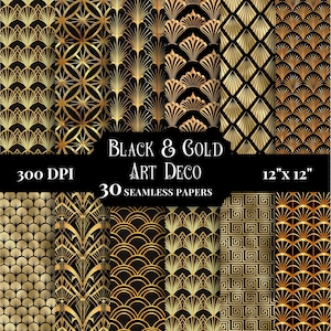 Seamless Black and Gold Art Deco Digital Paper, Elegant Printable Patterns for Scrapbooking, Commercial Use, Backgrounds, DIY Crafts Supply