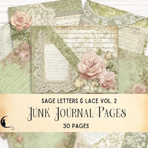 Antique Love Letters & Lace Digital Paper, Vintage Junk Journal Ephemera, Printable Scrapbook Backgrounds Romantic Sage Green Filler Pages