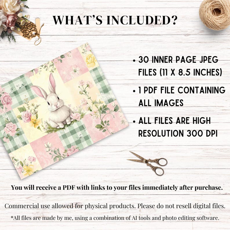 May include: A digital download of 30 printable inner pages featuring a pastel pink and green checkered pattern with floral accents and a white bunny. The pages are 11 x 8.5 inches and 300 DPI. The download also includes a PDF file containing all images.