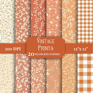 May include: A collection of 20 seamless digital papers featuring vintage prints in shades of orange, cream, and white. Patterns include small floral motifs, delicate vines, and a classic gingham check. Text reads Vintage Prints 300 DPI 12" x 12".