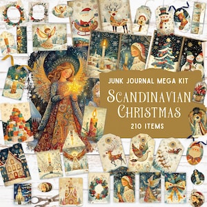 Kit diario natalizio con oggetti di arte popolare scandinava, kit di fogli natalizi nordici, effimeri natalizi vintage, etichette natalizie scandinave