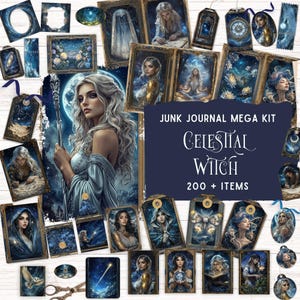 Celestial Witch Junk Journal Kit, Fantasy Scrapbooking Supplies, Printable Vintage Ephemera, CosmicCore Folio, Mystic Witch Digital Paper