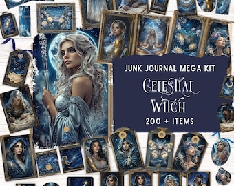 Celestial Witch Junk Journal Kit, Fantasy Scrapbooking Supplies, Printable Vintage Ephemera, CosmicCore Folio, Mystic Witch Digital Paper