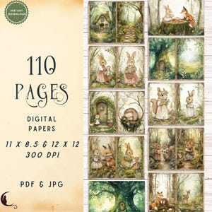 May include: A collection of 110 digital papers featuring woodland scenes with rabbits, foxes, and hedgehogs in forest settings. The text reads 110 PAGES DIGITAL PAPERS 11 X 8.5 & 12 X 12 300 DPI PDF & JPG. The illustrations use soft, muted earth tones.