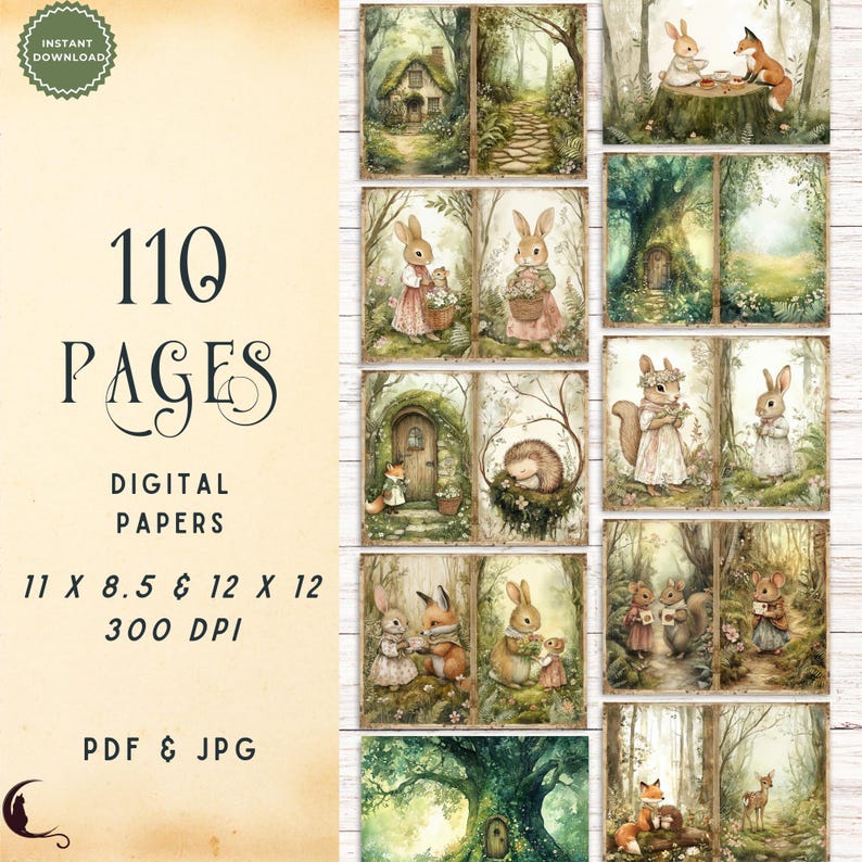 May include: A collection of 110 digital papers featuring woodland scenes with rabbits, foxes, and hedgehogs in forest settings. The text reads 110 PAGES DIGITAL PAPERS 11 X 8.5 & 12 X 12 300 DPI PDF & JPG. The illustrations use soft, muted earth tones.