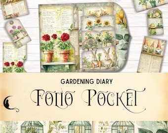 Gardening Diary Junk Journal Folio Kit, Digital Ephemera, Printable Folding Folio, Vintage Botanical Scrapbook, Seasonal Whimsical Garden
