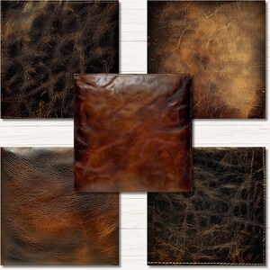 May include: A collection of five square leather textures in various shades of brown. The textures range from dark, almost black, to lighter, reddish-brown hues, showcasing different grain patterns and finishes. The leather appears aged and worn.