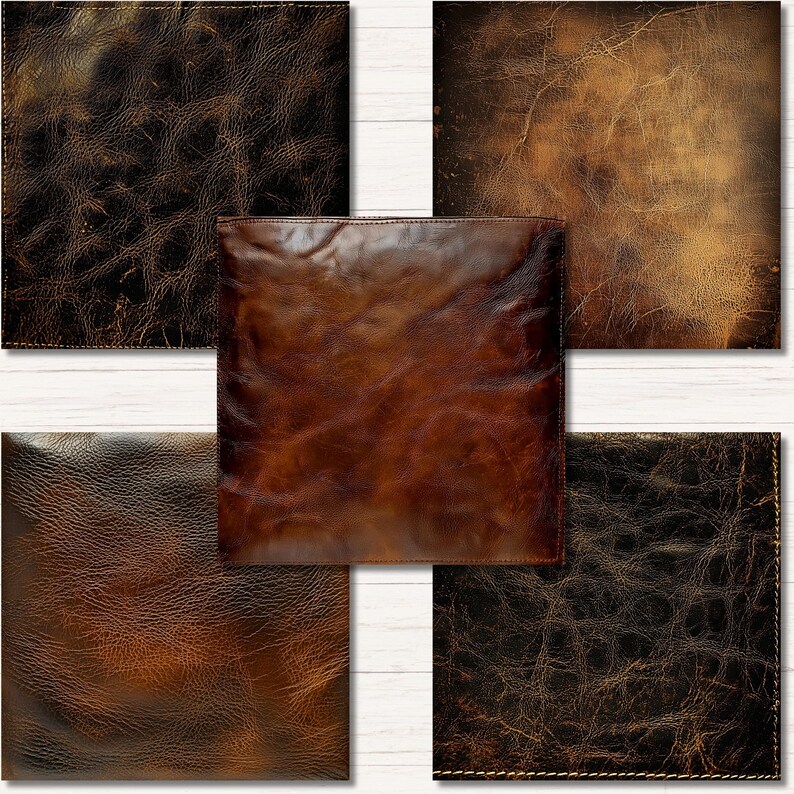 May include: A collection of five square leather textures in various shades of brown. The textures range from dark, almost black, to lighter, reddish-brown hues, showcasing different grain patterns and finishes. The leather appears aged and worn.