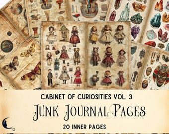Op de afbeelding: Een set van 20 vintage-stijl afdrukbare junk journal pagina's met illustraties van poppen, vlinders en andere grillige elementen. De pagina's zijn getiteld "Cabinet of Curiosities Vol. 3 Junk Journal Pages".