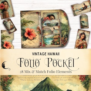 Może przedstawiać: Cyfrowe elementy kolażu w stylu vintage z motywem hawajskim do scrapbookingu lub projektowania cyfrowego. Zestaw zawiera 28 elementów do mieszania i dopasowywania, w tym obrazy tropikalnych kwiatów, palm, sceny plażowej i kobiety z kwiatami we włosach. Tekst "Vintage Hawaii Folio Pocket" jest również dołączony.