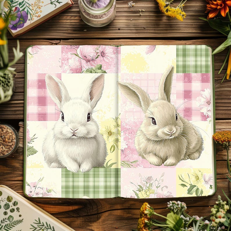 May include: A pink and green patchwork journal with a white rabbit and a brown rabbit on the cover. The rabbits are sitting on a floral design.