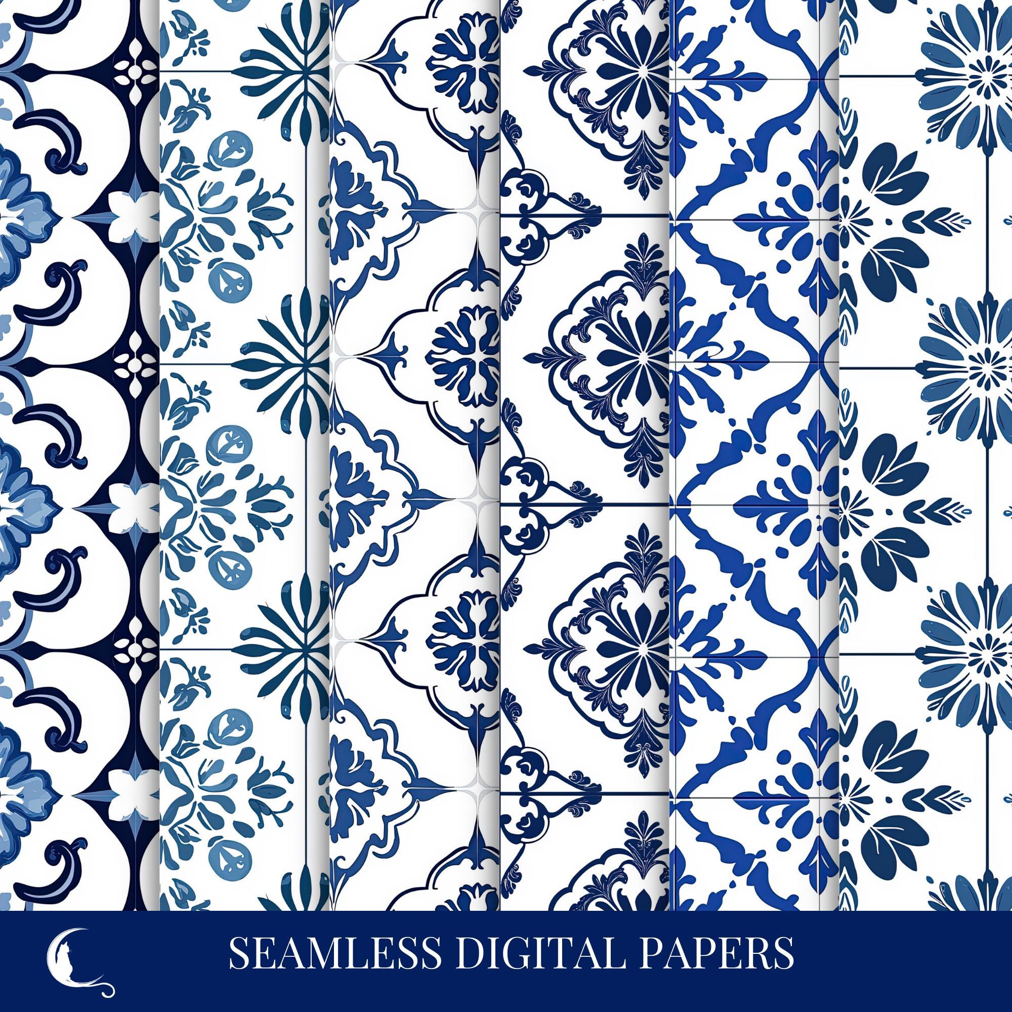 French Country Digital Paper, Blue and White Seamless Country Tiles ...