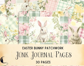 Ostern Vichykaro Patchwork Collage, wunderliche Häschen Muster Junk Journal Seiten, Vintage Ephemera, Shabby Chic Papier, Frühling Blumen Tartan