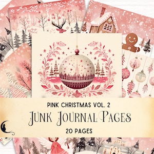 Whimsical Pink Christmas Junk Journal Kit, Cute Pastel Printable Pages, Vintage Ephemera, Holiday Scrapbooking Supplies, Pink Digital Papers