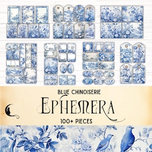 Blauwe chinoiserie-junkjournaal kortstondige printables | 108-delige vintage ephemera | Afdrukbare ephemera | Papiermodellen | Blauwe toiletkaartjes
