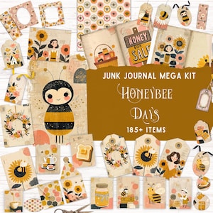 Honeybee Junk Journal Kit, Printable Folio Pocket Kit, Whimsical Cute Bumble Bee & Sunflowers Ephemera, DIY Craft Supplies, Scrapbook Paper