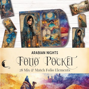 Arabian Nights Junk Journal Folio Kit, Colorful Vintage Scrapbook, Printable Fantasy Ephemera Digital Pocket Folio for DIY Projects, Aladdin