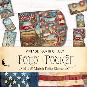 Fourth of July Junk Journal Folding Folio Kit, Patriotic Scrapbook Kit, Digital USA Pocket Ephemera, Americana rood, wit en blauw, tags kaarten