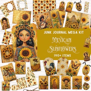 Kit de journal indésirable tournesols mexicains, pochette folio imprimable, éphémères colorés mignons fantaisistes, fournitures de bricolage, papier de scrapbooking art folklorique