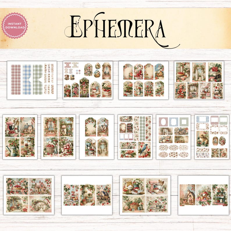 Strawberry Cottage Junk Journal Ephemera Kit, Printable Cottagecore ...