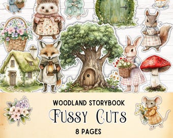 Woodland Storybook Fussy Cuts, Printable Whimsical Forest Animals Ephemera, Spring Cottagecore Digital Scrapbooking Supplies,