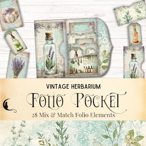 Kit folio de journal herbier vintage, album botanique, documents éphémères de poche imprimables, apothicairerie plantes florales herbes fournitures de bricolage