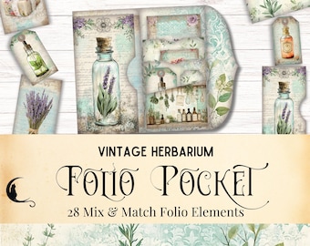 Vintage Herbarium Junk Journal Folio Kit, Botanical Scrapbook, Printable Pocket Ephemera,  Apothecary Floral Plants Herbs DIY Craft Supplies