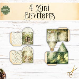 May include: Four printable mini envelopes featuring woodland animal illustrations, including rabbits and squirrels in forest settings. The design includes floral patterns and tree motifs in green and beige tones. The text 4 MINI ENVELOPES is displayed at the top.