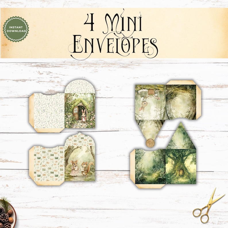 May include: Four printable mini envelopes featuring woodland animal illustrations, including rabbits and squirrels in forest settings. The design includes floral patterns and tree motifs in green and beige tones. The text 4 MINI ENVELOPES is displayed at the top.