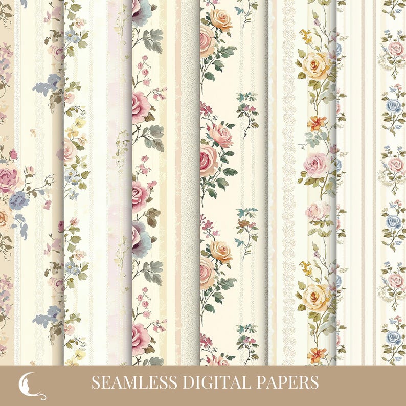 Shabby Chic Floral Stripes Digital Paper Pack, Seamless Patterns for ...