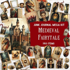 Mittelalterliches Junk Journal, Fantasy Scrapbooking Zubehör, Vintage Ephemera zum Ausdrucken, Folding Folio Kit, Digitale Papiere, Papierhandwerk
