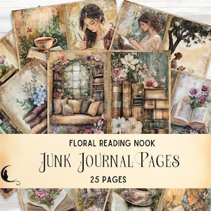 Bloemen leeshoekje ongewenste dagboekpagina's, vintage bibliotheek digitaal papier, boekachtergrond, betoverde boekpagina's, afdrukbare ephemera, knutselen, knutselen