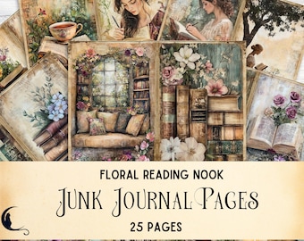 Bloemen leeshoekje ongewenste dagboekpagina's, vintage bibliotheek digitaal papier, boekachtergrond, betoverde boekpagina's, afdrukbare ephemera, knutselen, knutselen