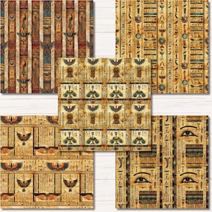 May include: A collection of five digital paper sheets featuring ancient Egyptian motifs. The patterns include vertical columns of hieroglyphics, winged scarabs, stylized birds, and large eyes, rendered in shades of gold, brown, blue, and black.